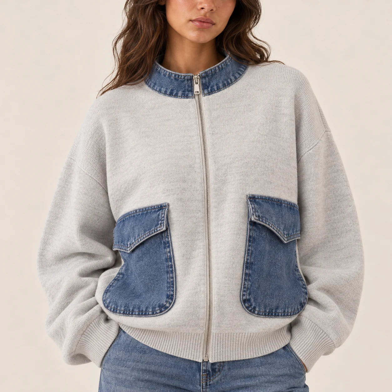 The Sloane Jacket, denim pocket and knit detail
