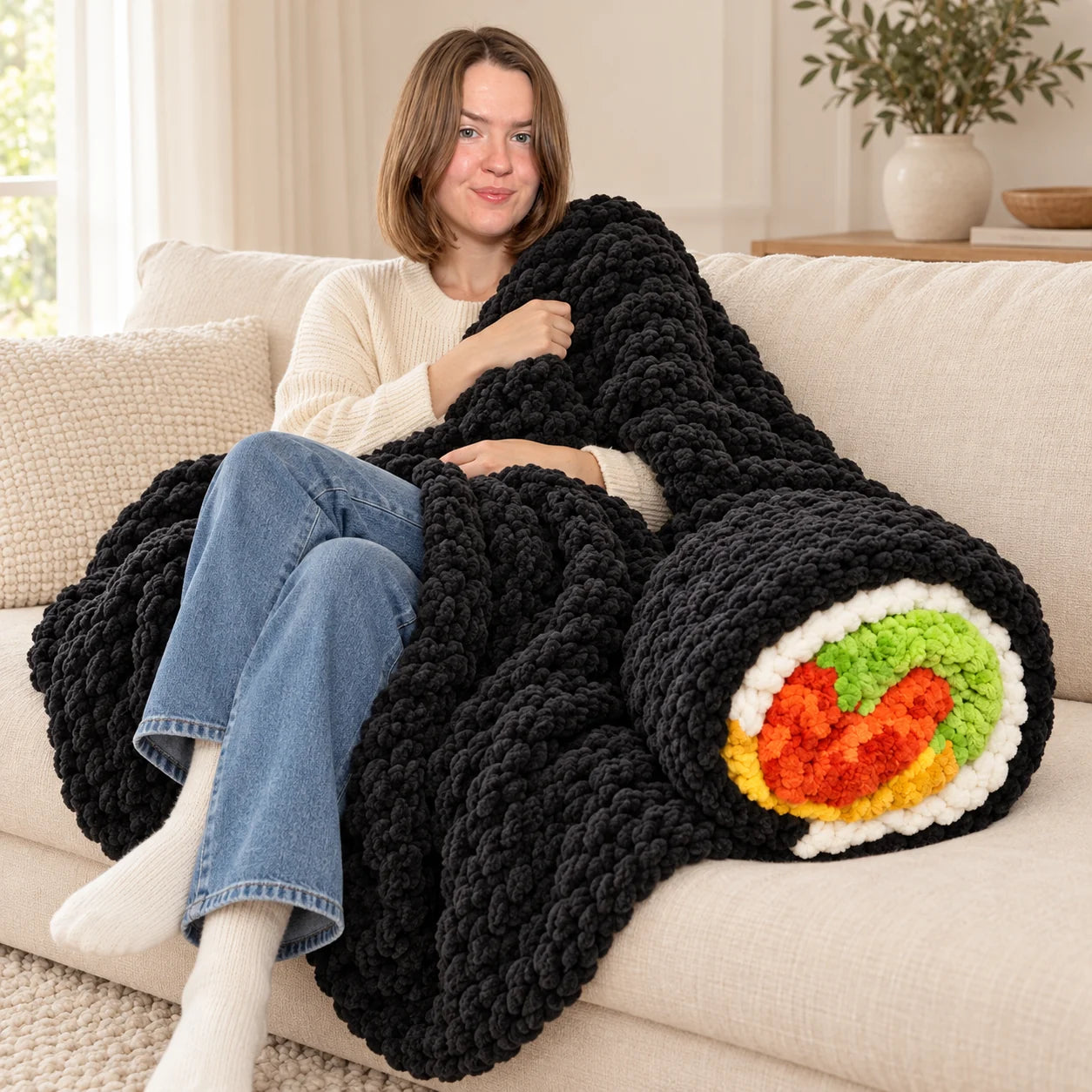 Sushi Blanket draped over a person on an ivory sofa
